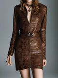 Chocolate Brown Zip-Up Eco Croc-Embossed Leather Mini Dress