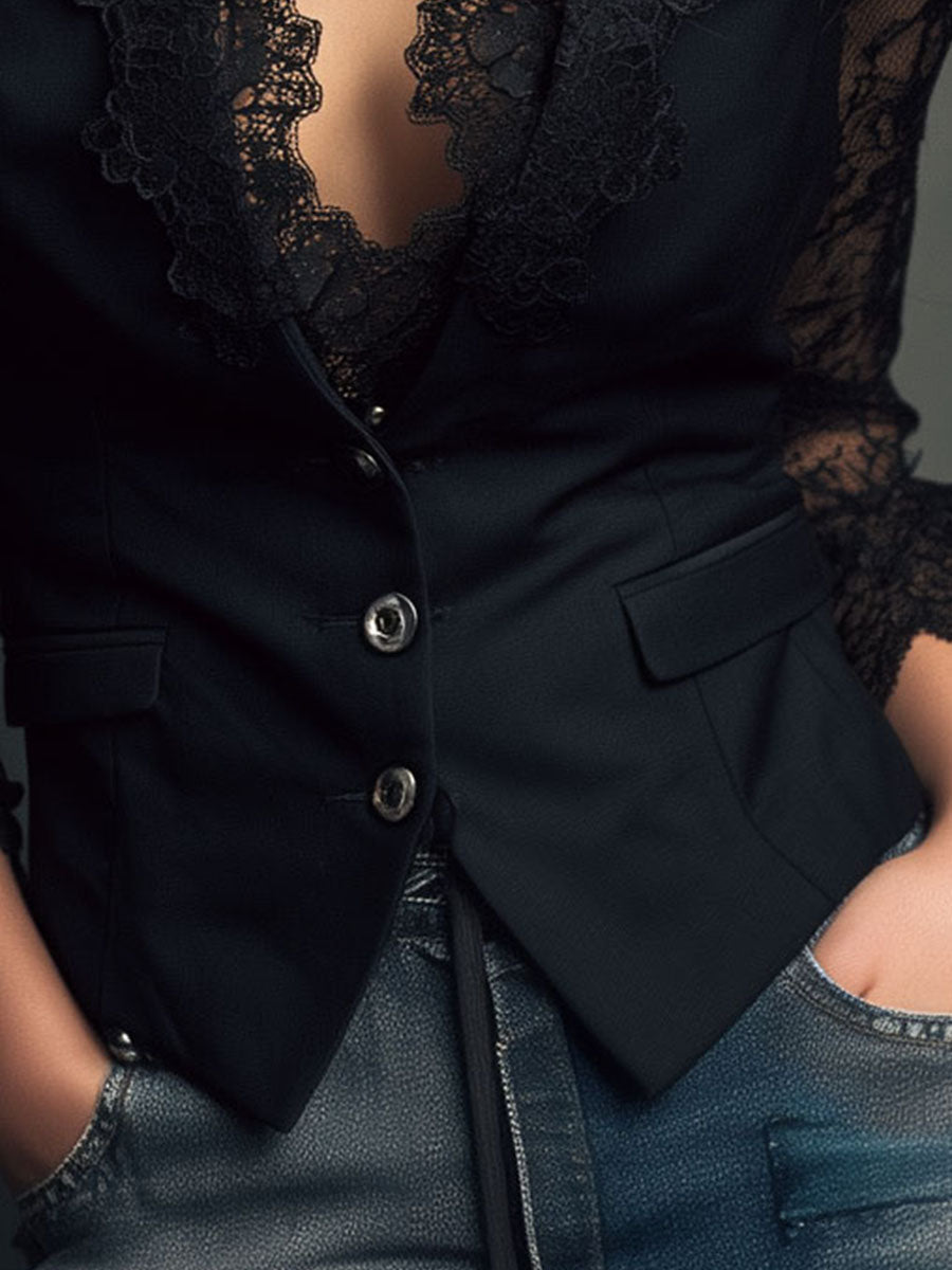 Elegant Black Lace Panel Sleeve Blazer Top Vest