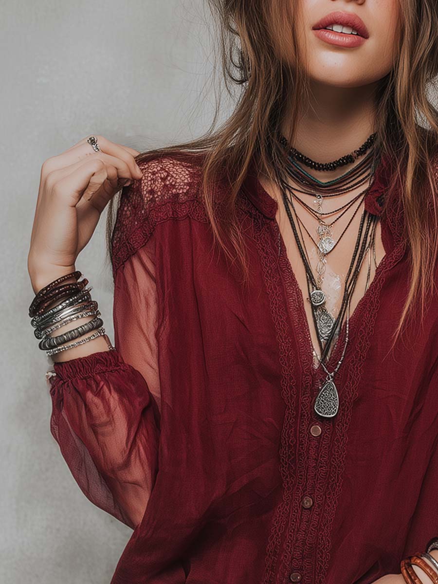 Retro Sheer Sleeves Lace Trim Chiffon Blouse