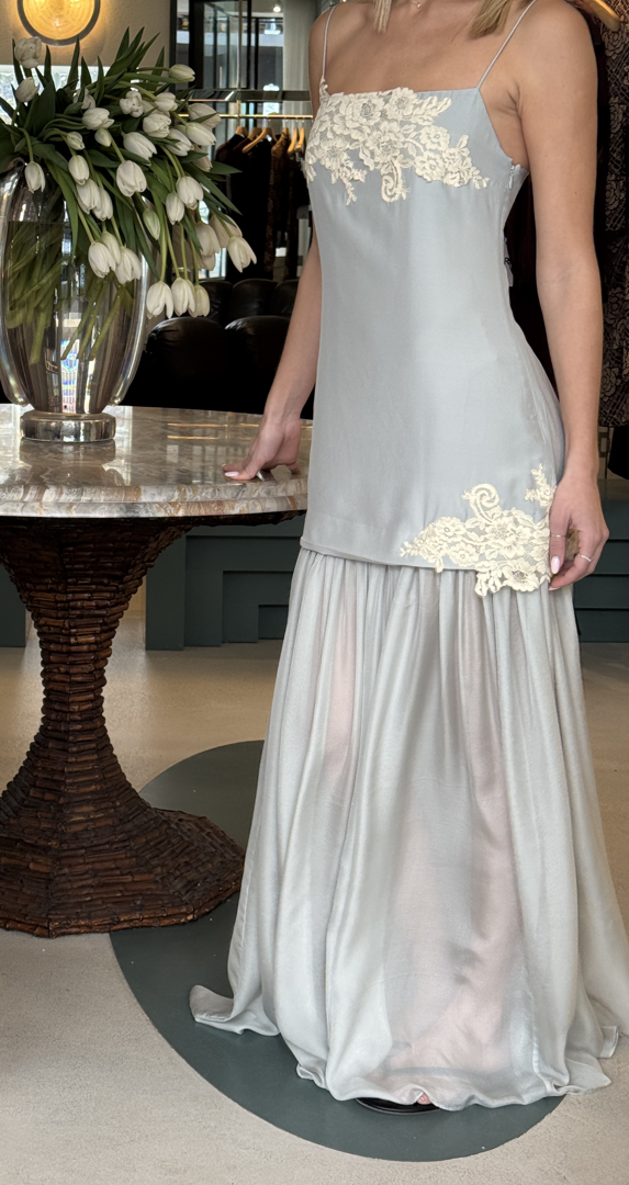 Grey Satin Lace Detail Midi Dress