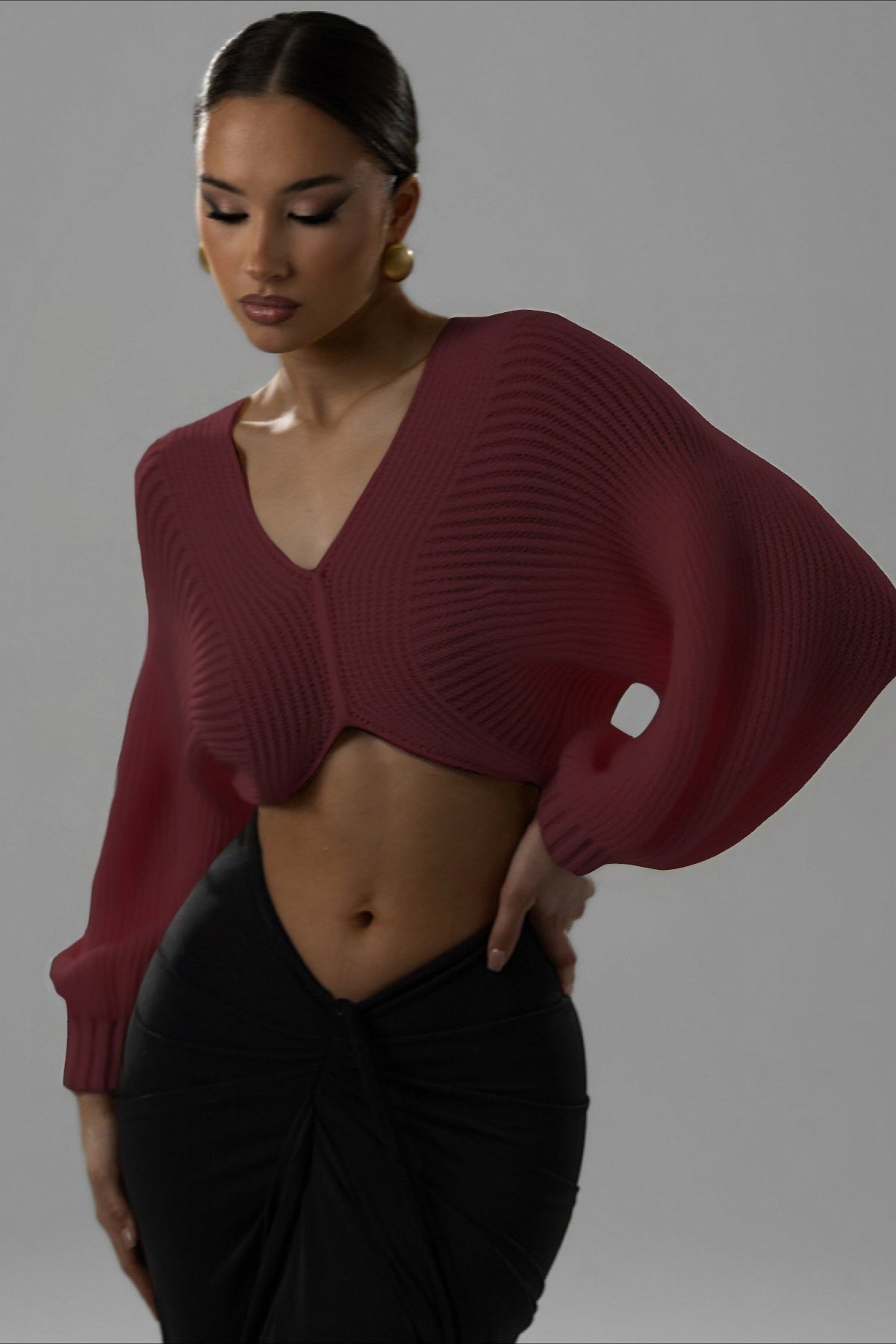 Twist Front Cropped V Neck Knit Sweater