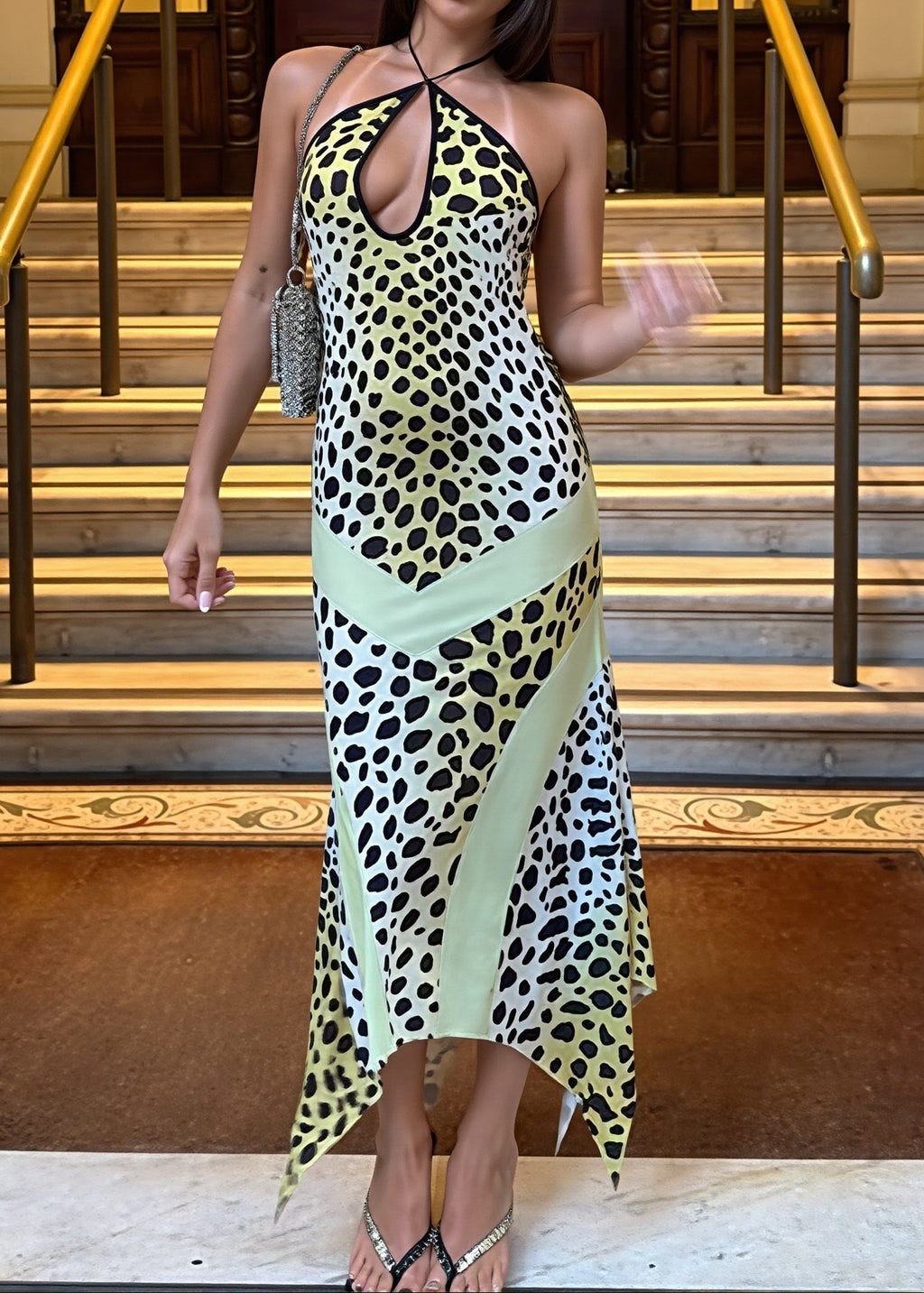 Sexy Leopard Halter Bust Cutout Back Slit Asymmetrical Maxi Dress