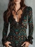 Retro Boho Velvet Lace Trim Deep-V Top