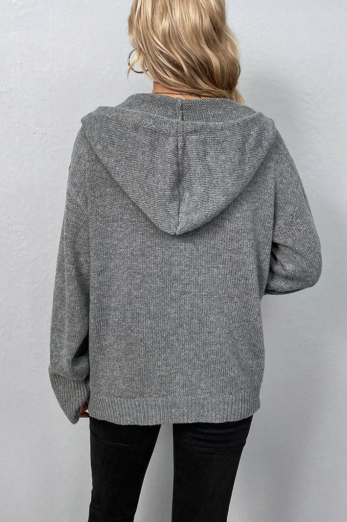 Hooded Drawstring Button Front Knit Cardigan