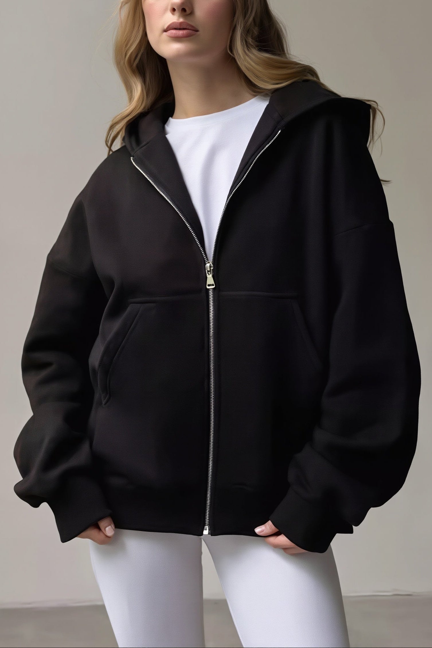 Solid Oversized Zip Up Hoodie
