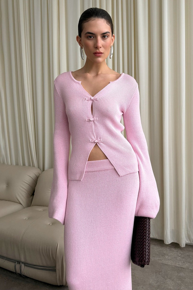 Frog Button Bell Sleeve Knit Maxi Skirt Set