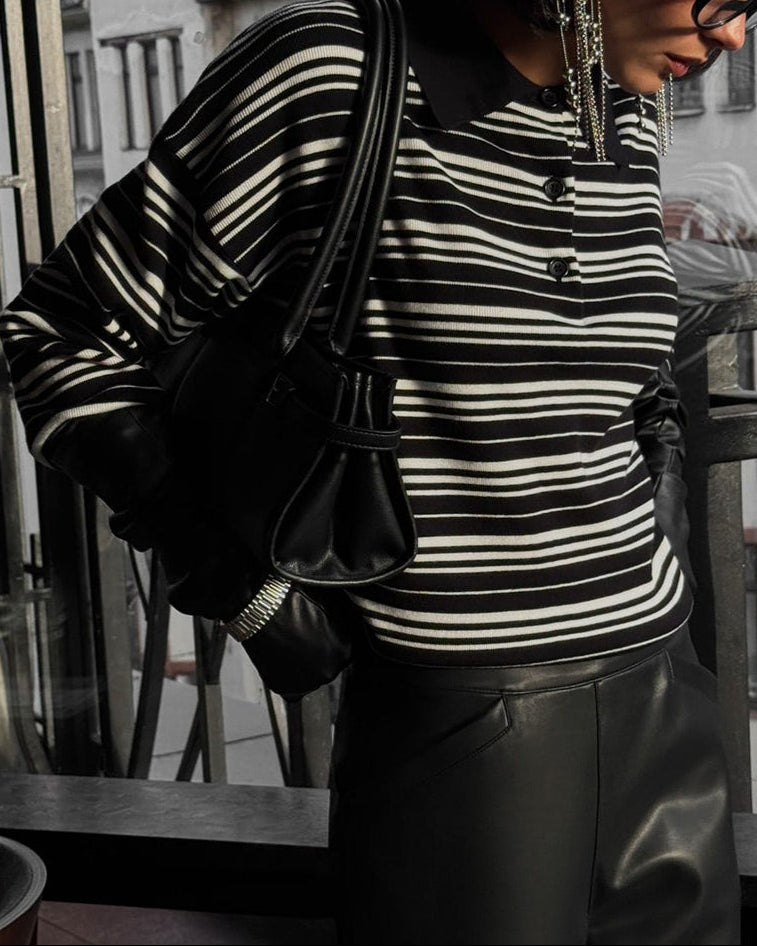 Color-block Stripe Fitted Polo Knit Blouse