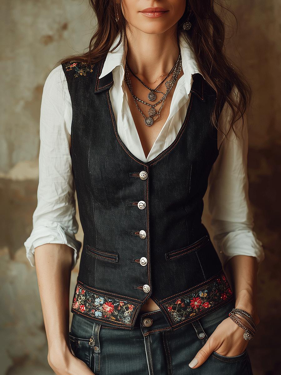 Vintage Bohemian Embroidered Denim Slim-Fit Vest