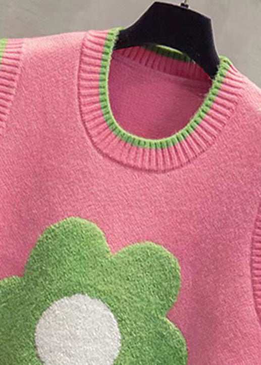 Pink O Neck Green Patchwork Knit Vest Sleeveless