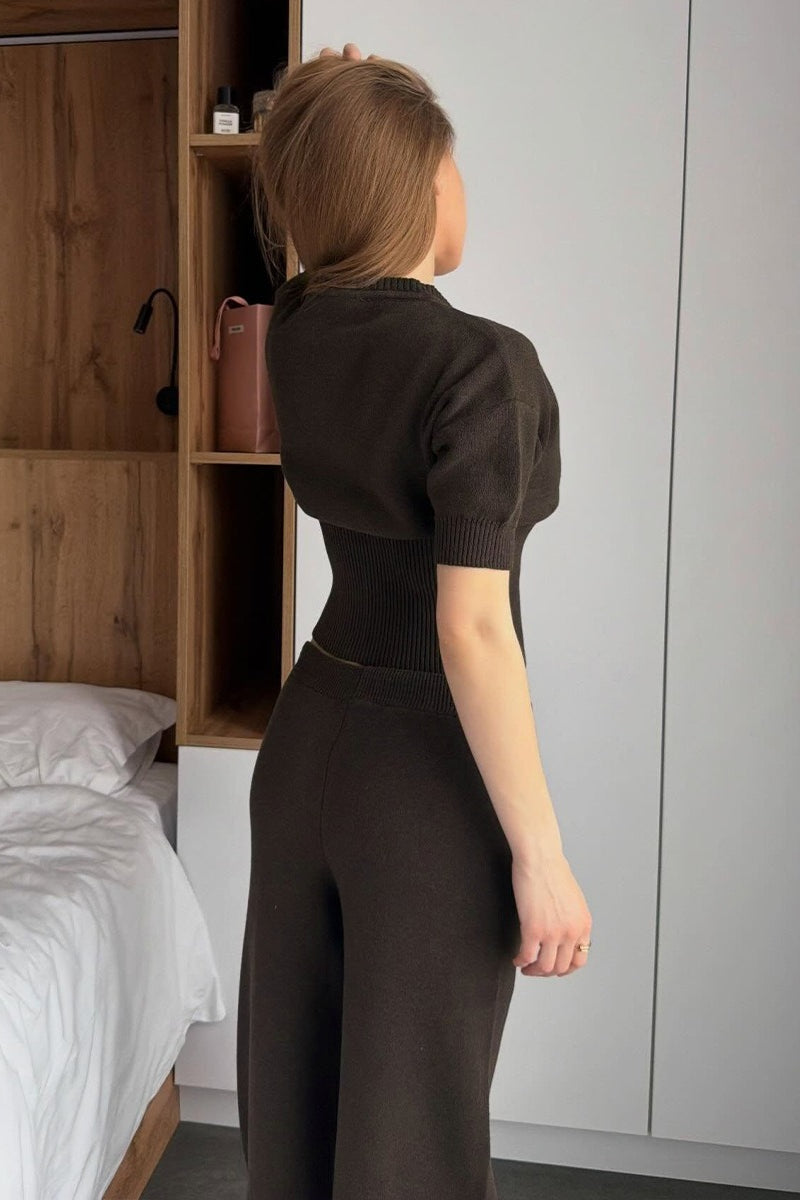 Cropped Zip Knit Top Wide Leg Pants Set