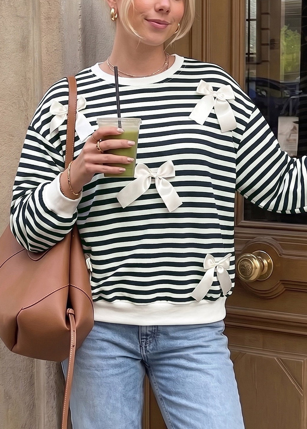 Striped Bow Detail Crewneck Sweatshirt