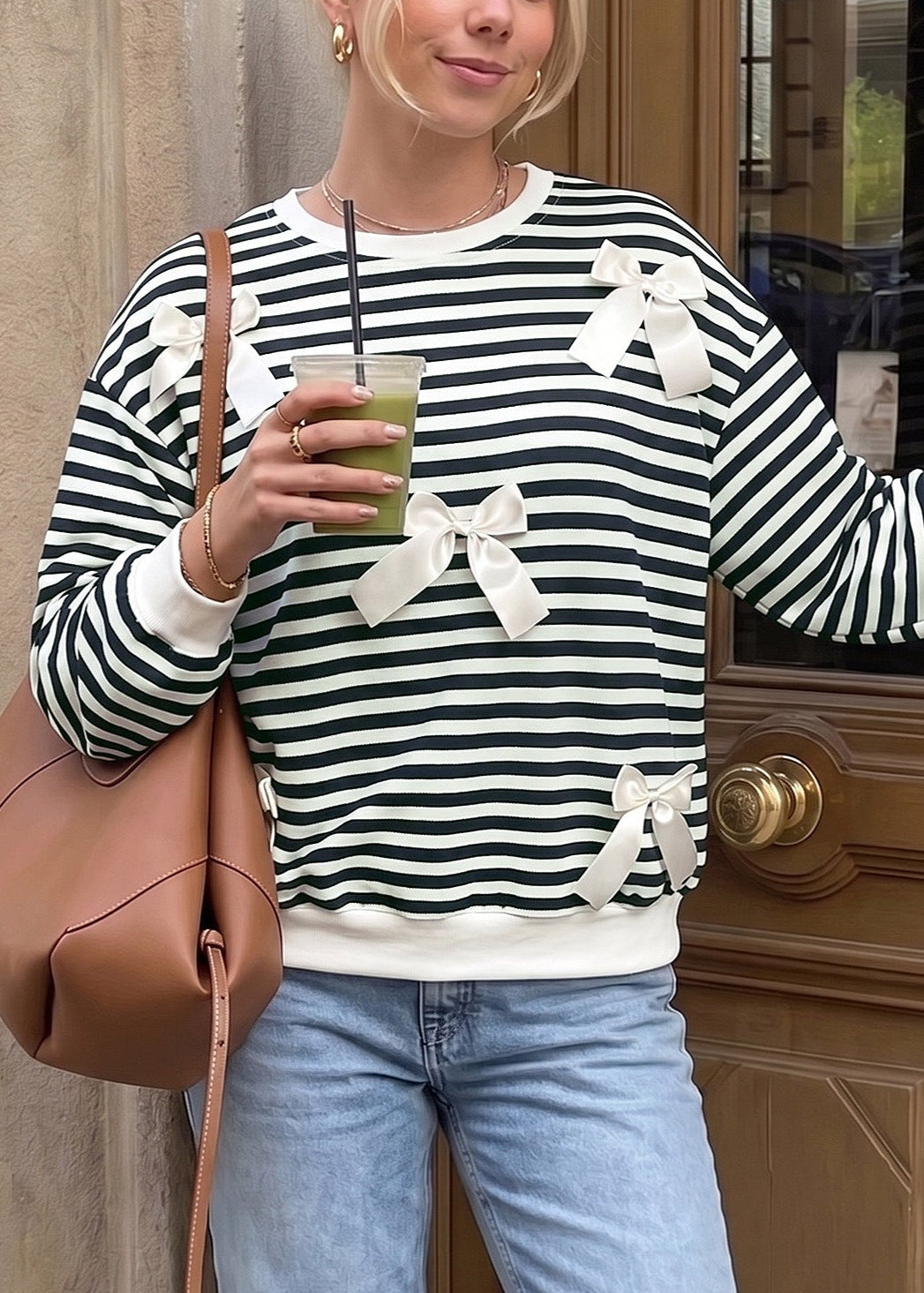Striped Bow Detail Crewneck Sweatshirt