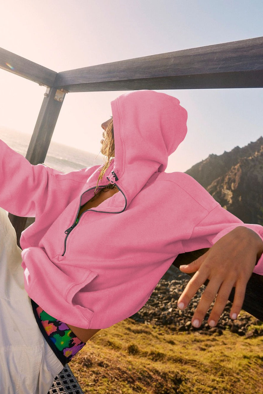 Color Block Half Zip Drawstring Hoodie