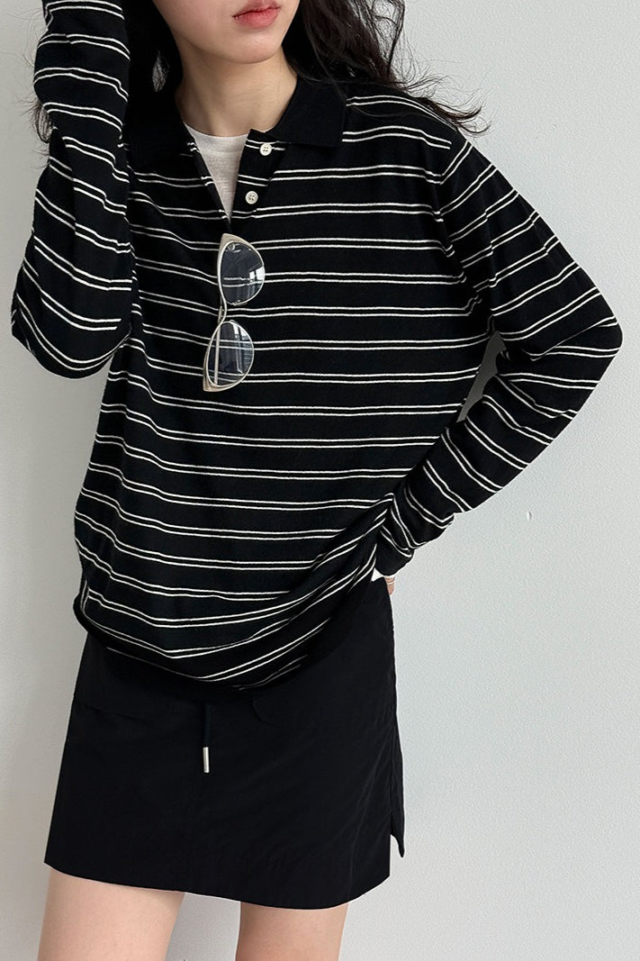 Soft Wool Striped Polo Collar Long Sleeve Long Sleeve Tee