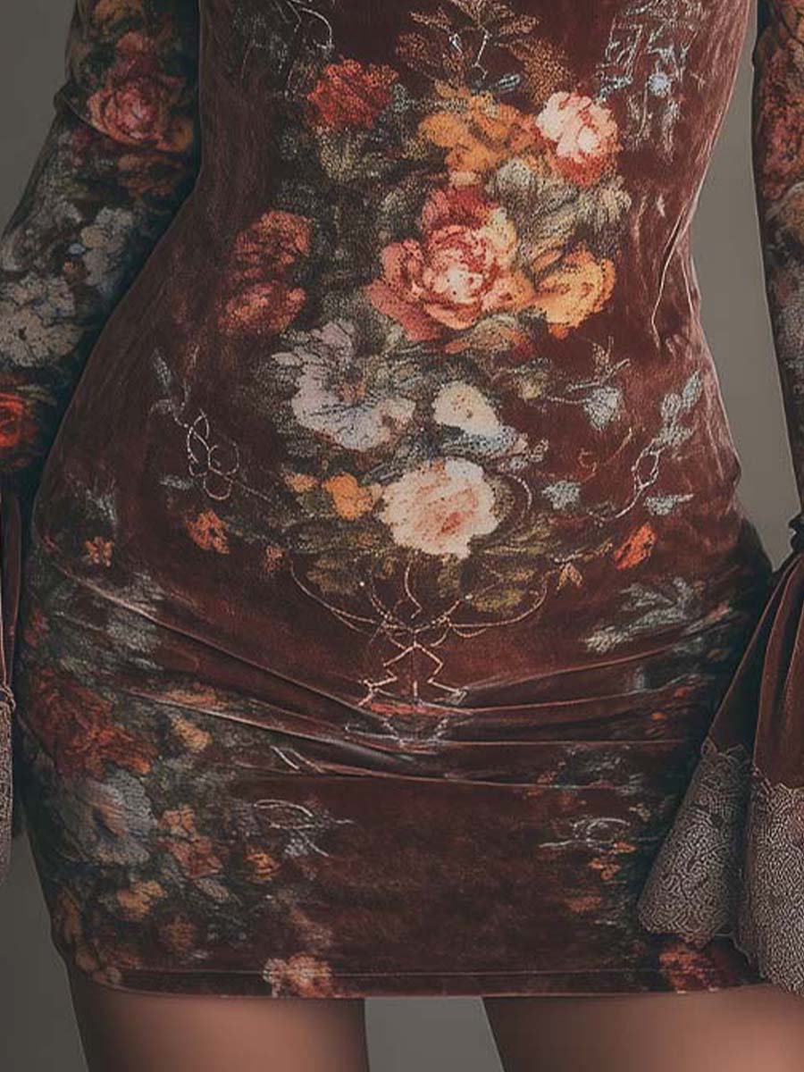 Vintage Floral Velvet Lace Mini Dress