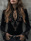 Boho Luxe Black Velvet Floral Embroidered Top