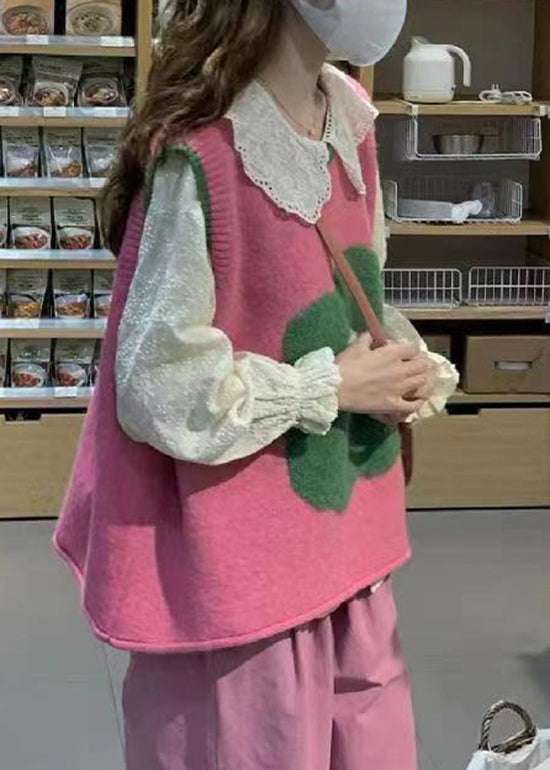 Pink O Neck Green Patchwork Knit Vest Sleeveless