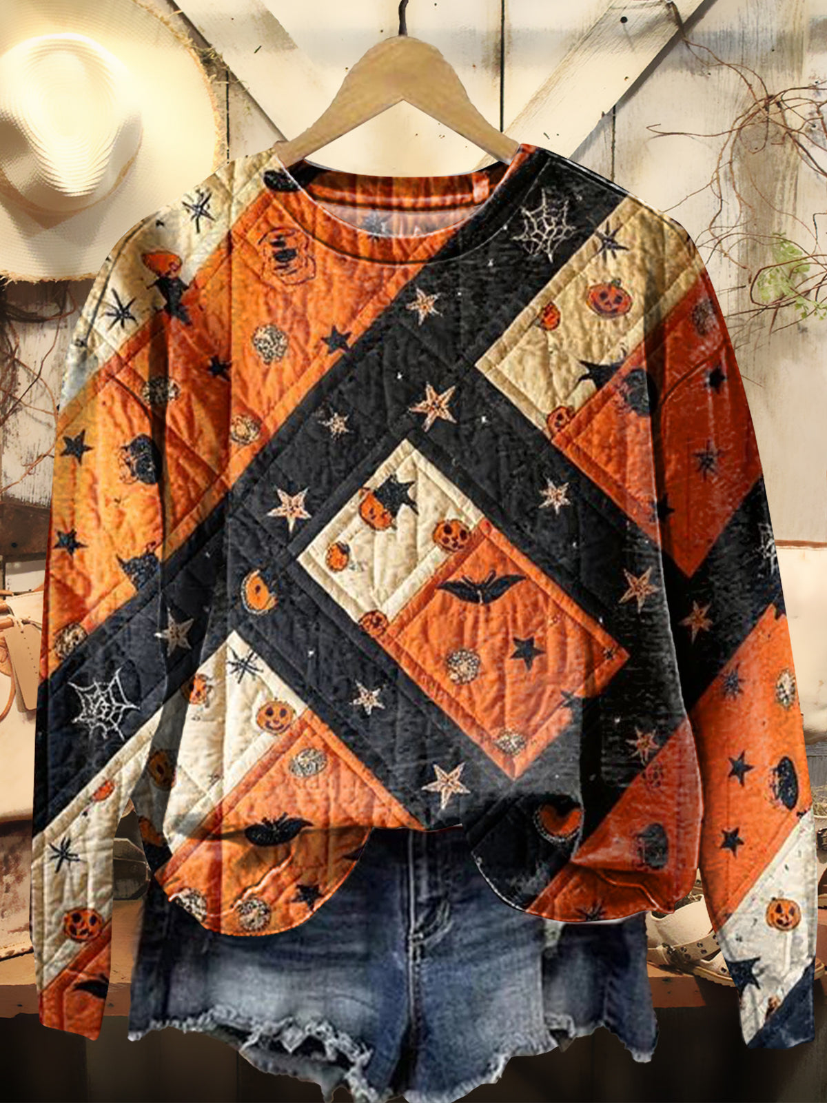 Women's Vintage Halloween Patchwork Art Print Casual Crew Neck Sweatshirt