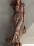 Elegant V-Neck Pleated Brown Fishtail Maxi Dress