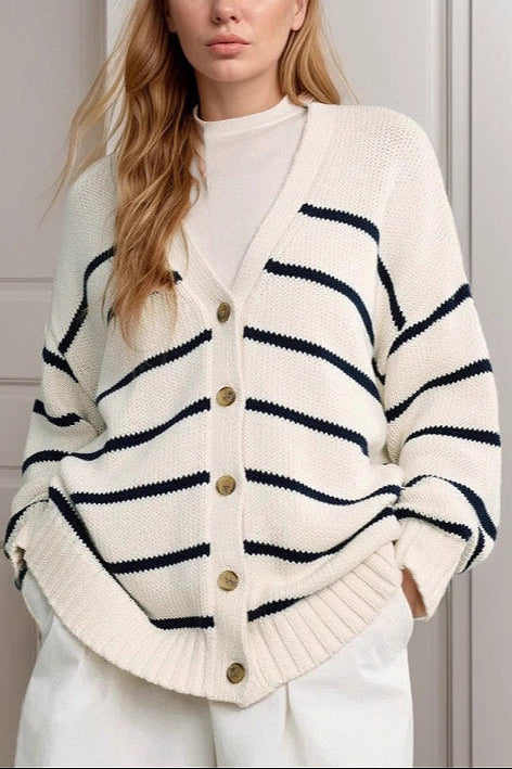 Striped Cotton V Neck Knit Cardigan