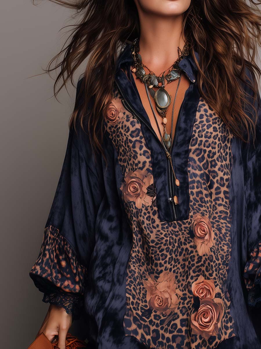 Retro Zip-up Collar Leopard Print Floral Polyester Satin Mini Dress