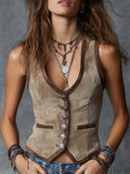 Velvet Button Vest With Contrast Eco-Leather Trim