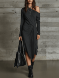 Dark Grey Asymmetrical With One-Shoulder Design Knit Midi Dress