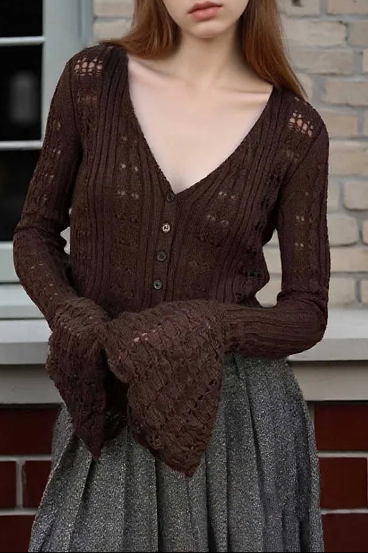 Hollow Out Knit V Neck Long Sleeve Cardigan