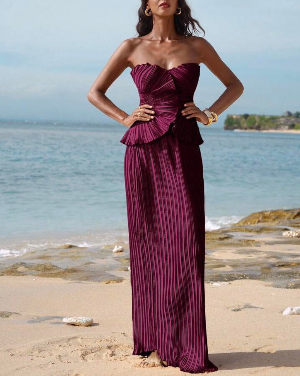 Strapless Sculptural Pleated Peplum Maxi Dress
