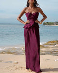 Strapless Sculptural Pleated Peplum Maxi Dress