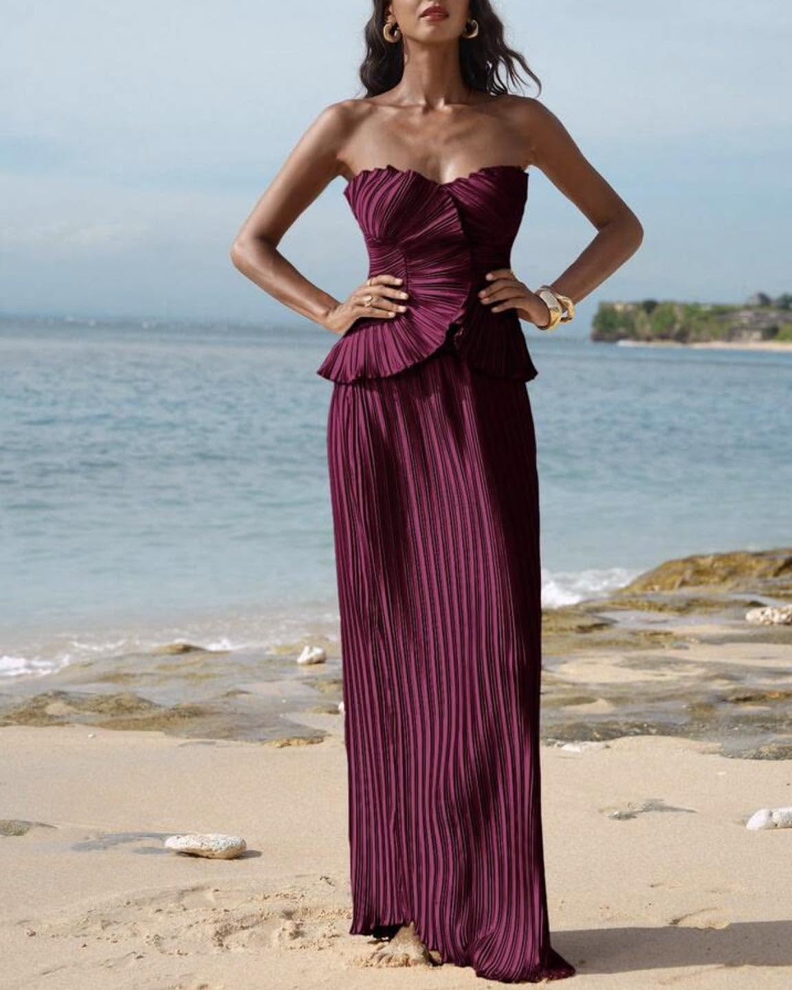 Strapless Sculptural Pleated Peplum Maxi Dress