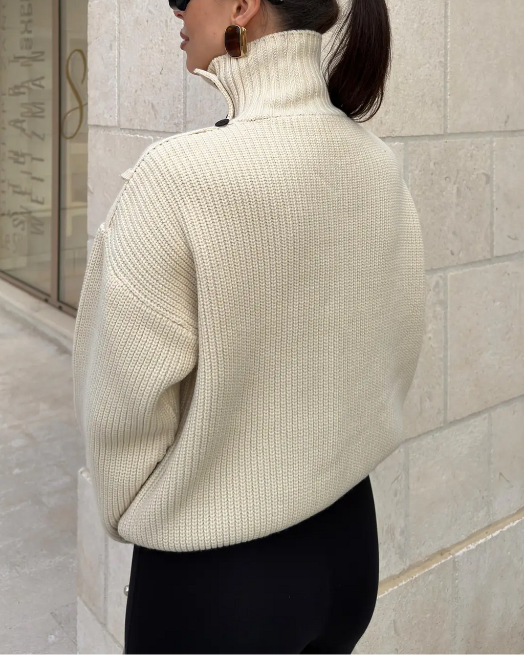 Double-Breasted Button Turtleneck Oversized Knit Sweater