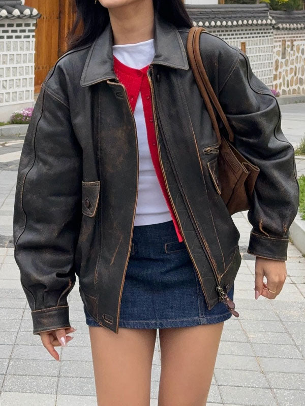 Lapel neck faux leather jacket