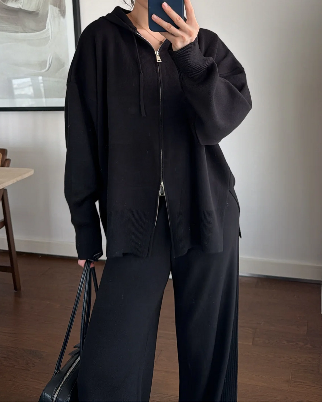 Knit Zip-Up Hoodie and Wide-Leg Pants Two-Piece Set