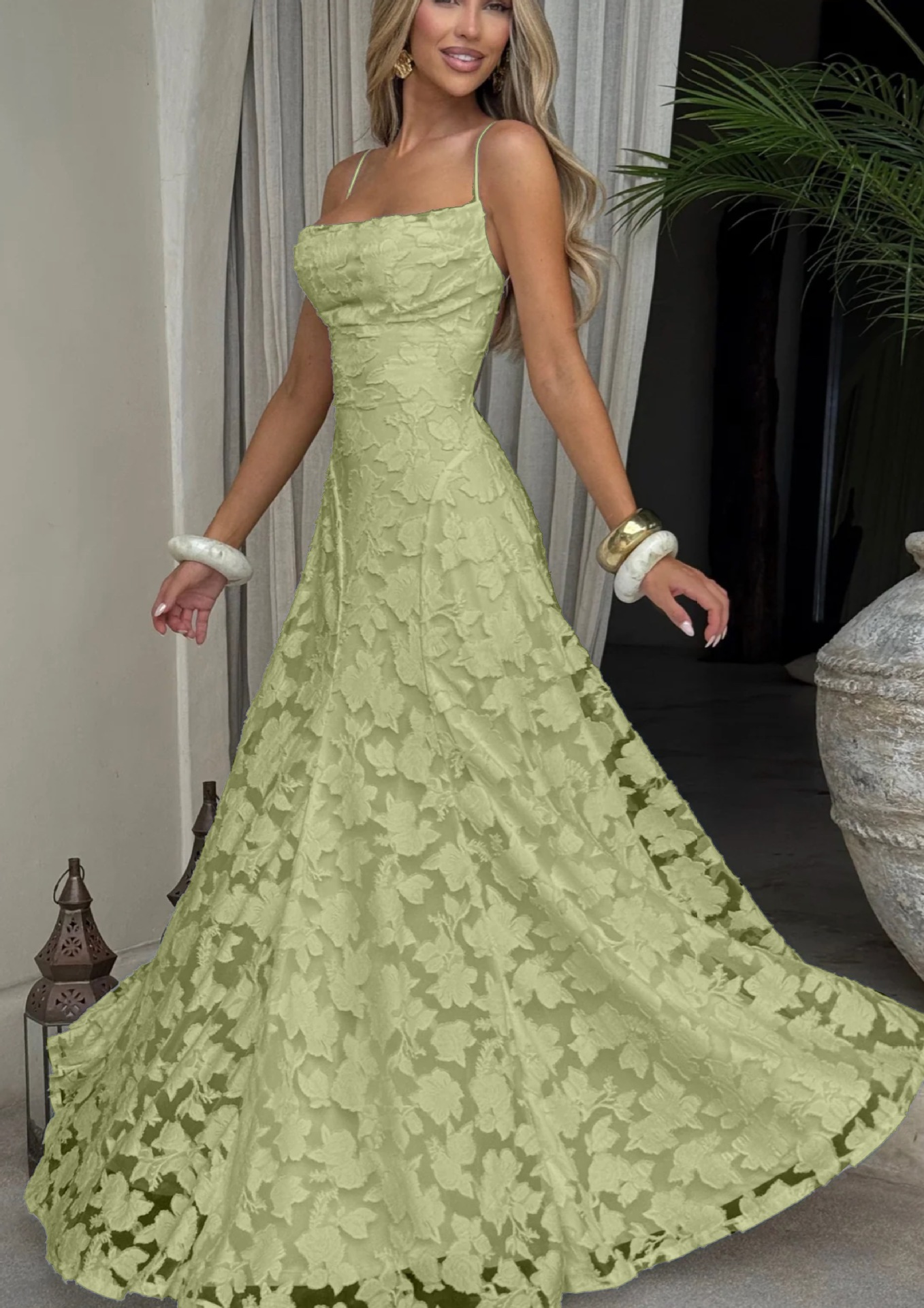 Thin straps jarquard maxi dress