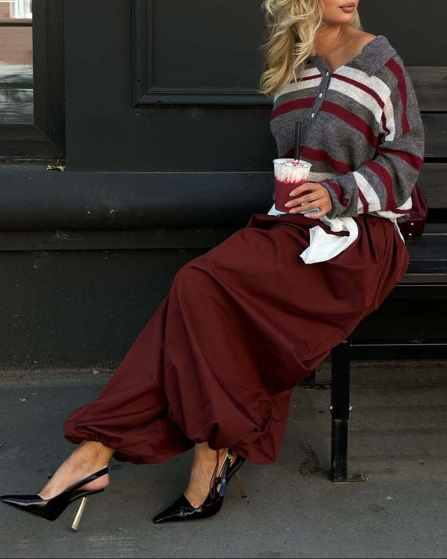 Preppy Style Wide Stripe Polo Collar Knit Blouse