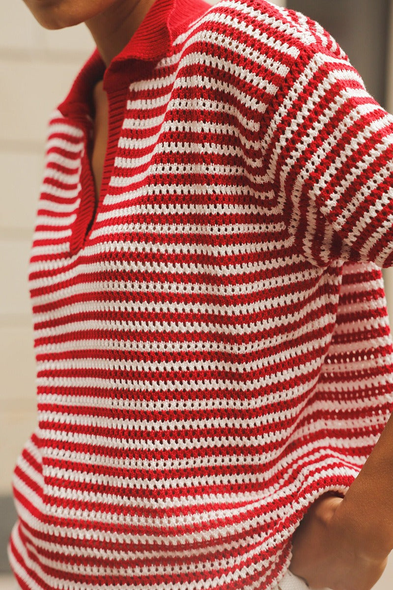 Striped Open Collar Short Sleeve Knit Sweater