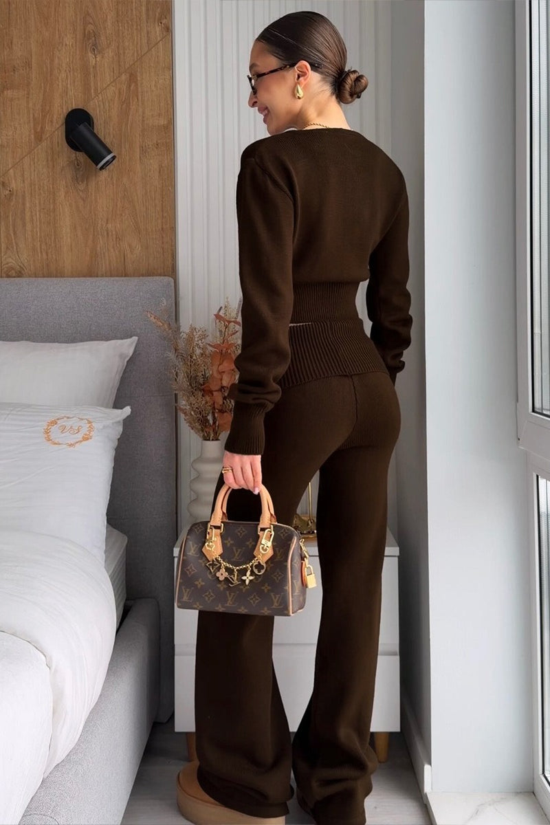 Cropped Knit Cardigan Wide Leg Pants Set