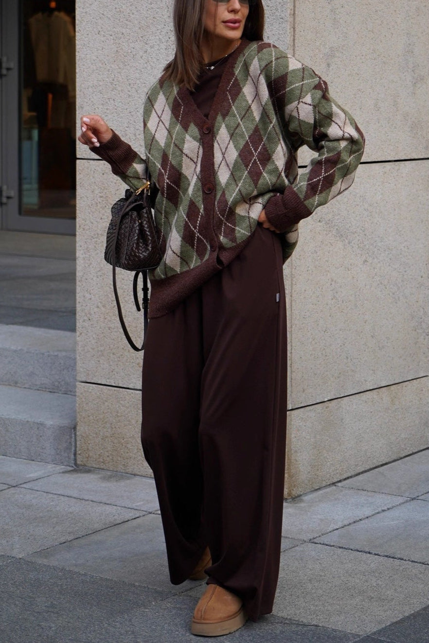 Thick Plaid V Neck Loose Long Sleeve Knit Cardigan