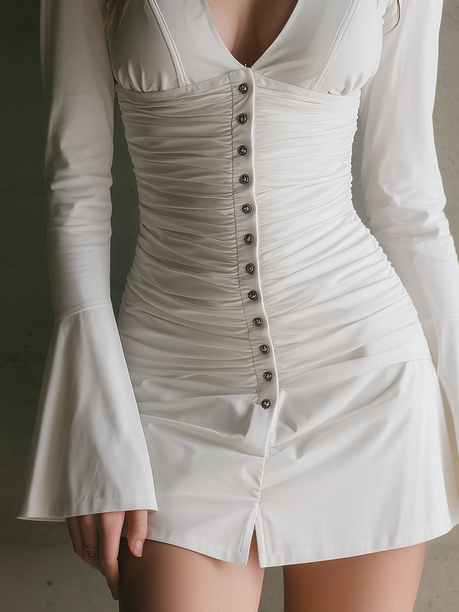 Retro Elegant Pleated Trumpet Sleeve Cotton Blend Mini Dress