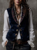 Navy Velvet Embroidered Lapel Vest