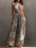 Deep V-Neck Dusty Blue And Bronze Halter Chiffon Maxi Dress