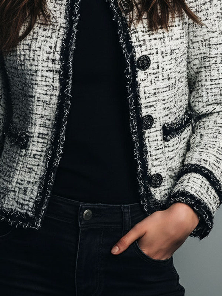 Classic Monochrome Tweed Jacket With Frayed Edge