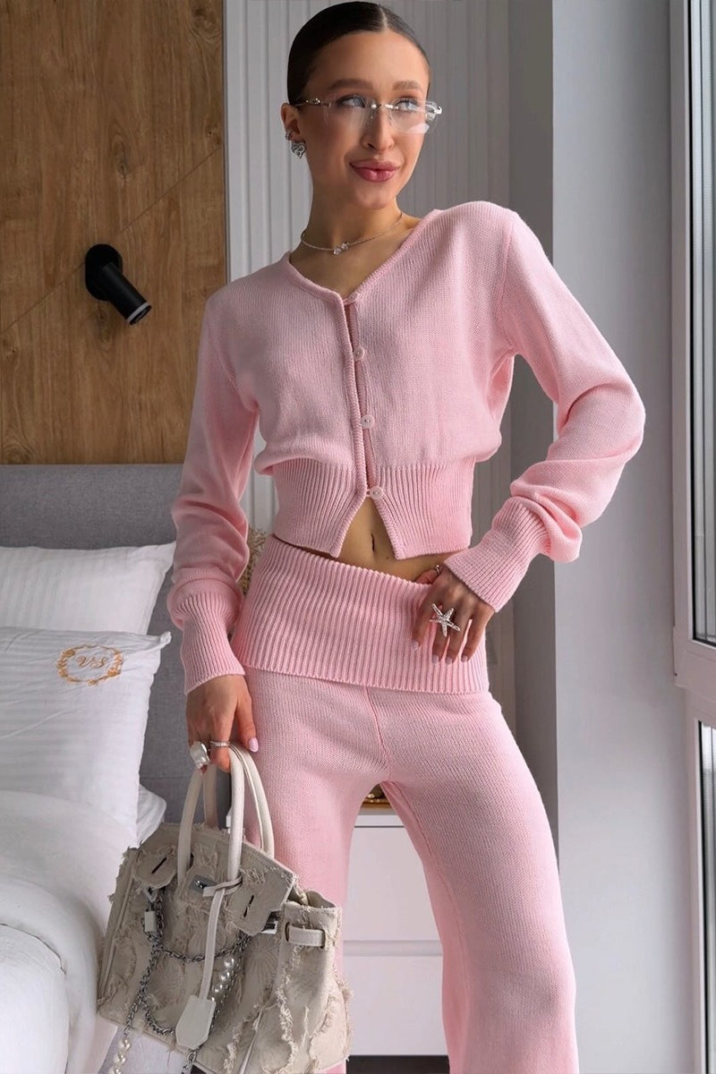 Cropped Knit Cardigan Wide Leg Pants Set