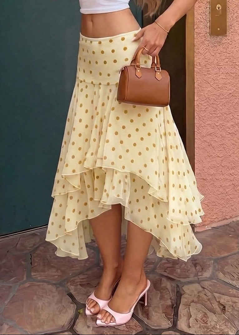 Polka Dot Ruffle Asymmetric Midi Skirt