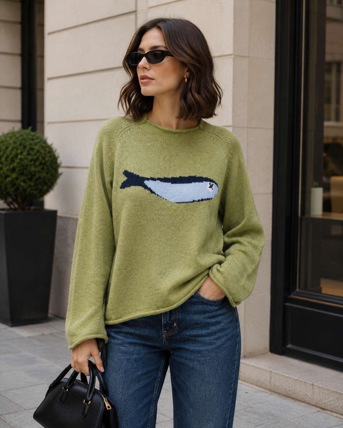 Sardine Jacquard Crew Neck Oversized Knit Sweater