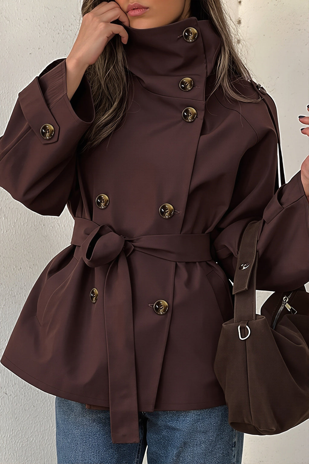 Shoulder Tie High Neck Belted Trench Coat