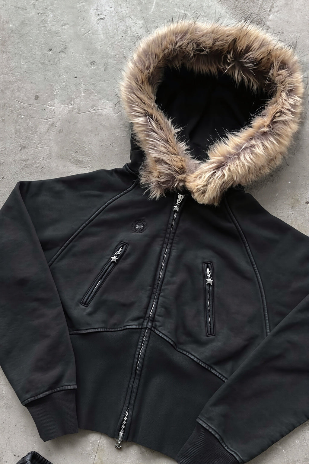 Faux Fur Trim Fitted Cropped Zip Hoodie