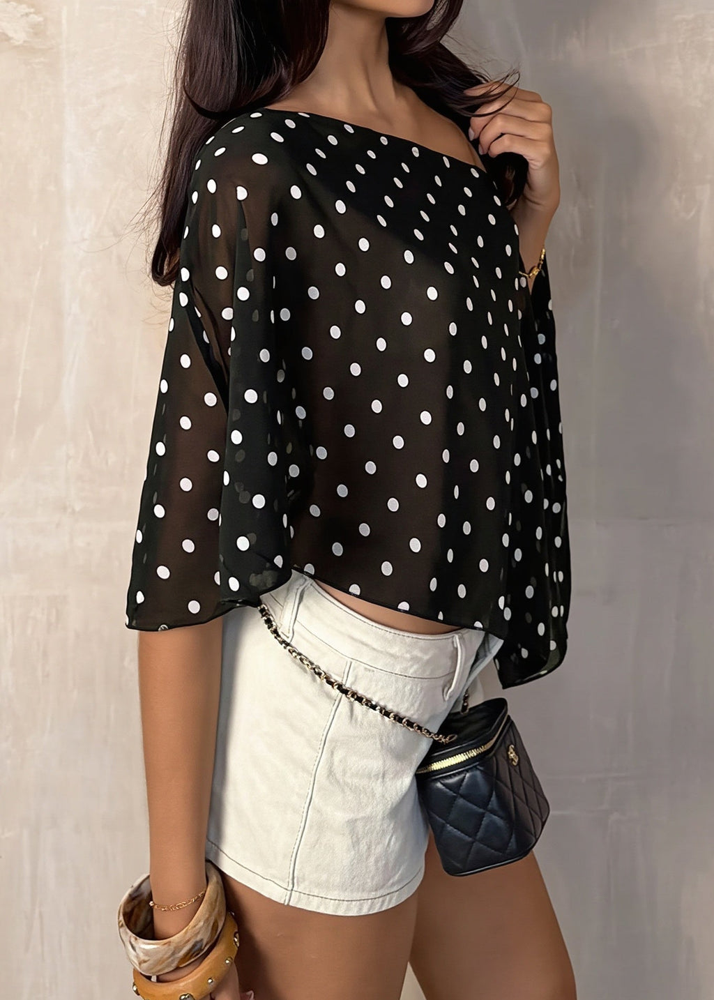Chiffon Polka Dot Asym Shoulder Blouse