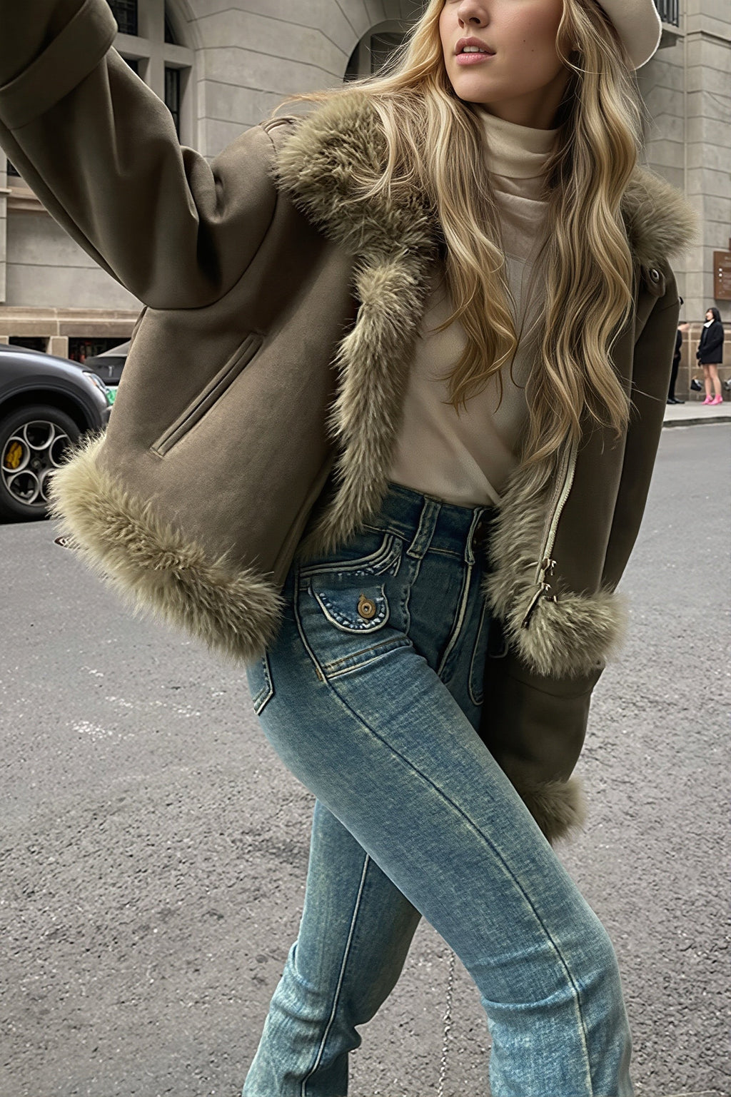 Oversized Fur Collar Suede Look Coat